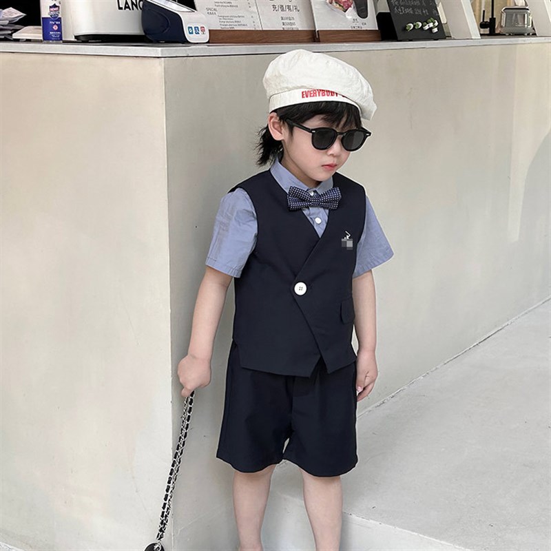 男童蓝色小马甲儿童礼服套装2024夏季新款韩版西装表演服六一生日