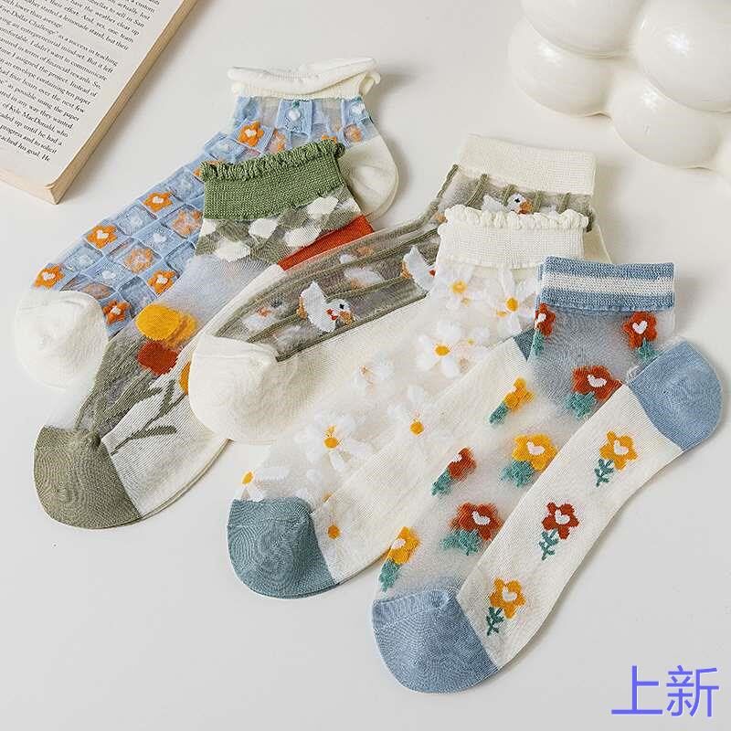 花边袜子女短袜浅口超薄玻璃丝夏水晶季可爱冰丝小花薄款船袜新款