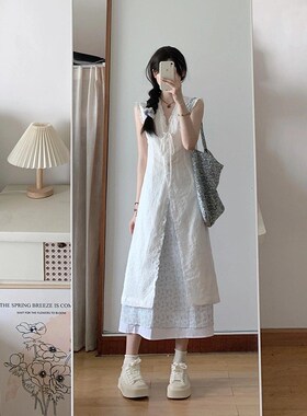 V领无袖开衫连衣裙蓝色半身裙套装韩系文艺N夏季穿搭度假风一整套