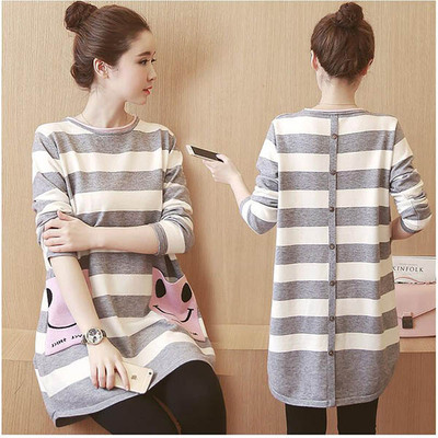 孕妇秋装套装时尚2023新款春秋上衣长袖条纹t恤宽松纯棉打底衫潮