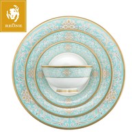 雷澳娜骨瓷餐具碗碟套裝家用歐式金邊碗盤(pán)結(jié)婚禮品金域藍(lán)灣