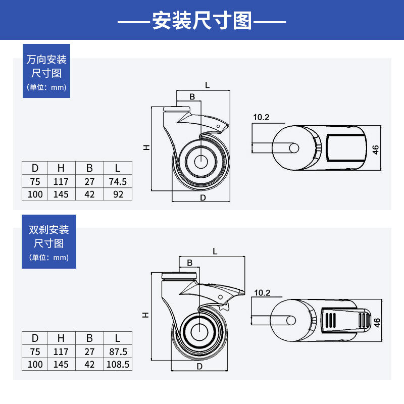 推荐易得力全塑医疗轮设备轮3寸4寸空颈万向煞车人造胶TPR脚轮E36