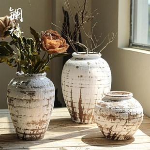 粗陶民宿花器客厅插花陶罐家居侘寂创意装 复古陶瓷花瓶日式 饰摆件
