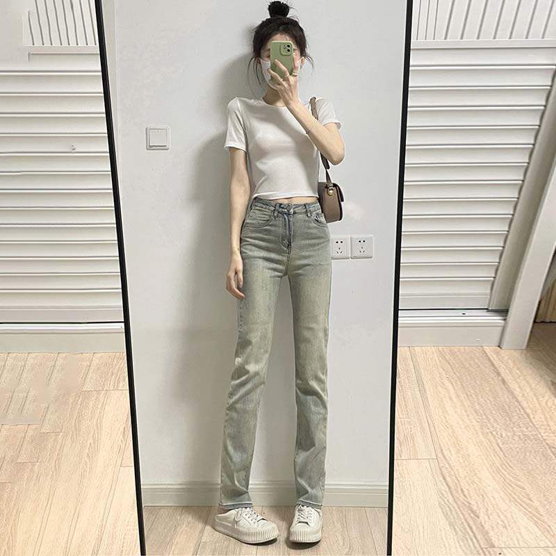 直筒牛仔裤女夏季薄款2023新款复古高腰显瘦窄版阔腿小个子烟管裤
