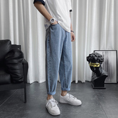 子韩版 浅色男生M九分裤 潮流百 男宽松直筒坠感阔腿复古夏季 牛仔裤