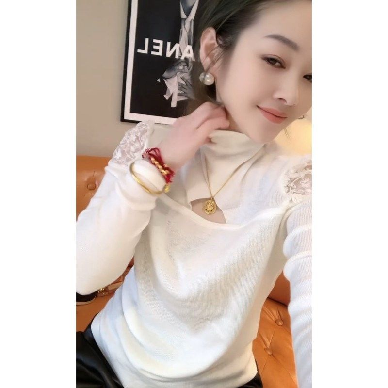 秋冬款胸前镂空针织衫长袖女露肩蕾丝拼接内搭毛衣高领打底衫上衣,女装/女士精品,毛针织衫,淘宝优惠券,粉丝福利购,淘宝优惠卷