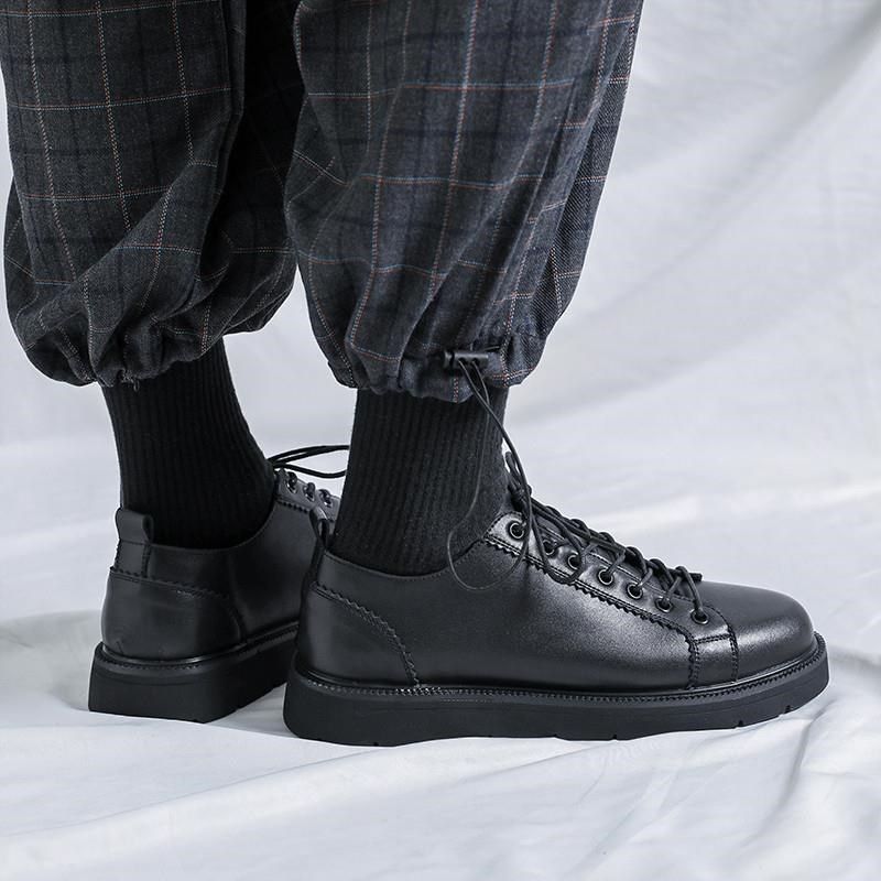 夏季透气低帮马丁靴男高r帮英伦风黑色中帮休闲正装商务增高小皮