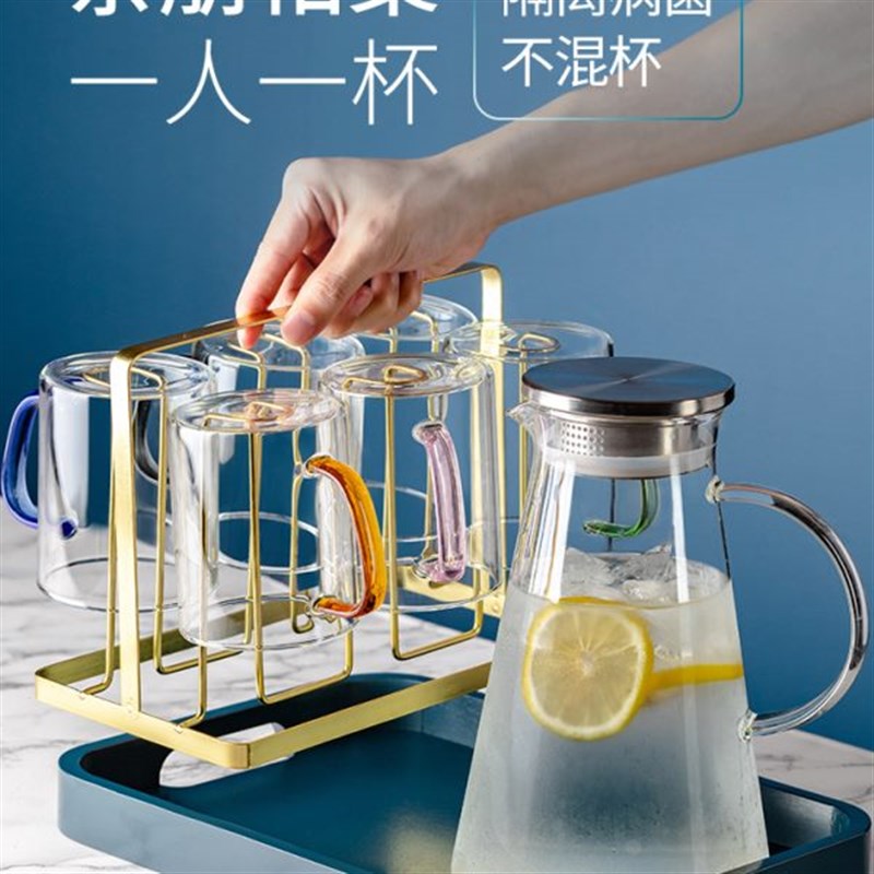 玻璃杯家用耐热h带把喝水杯子茶杯耐高温水杯家庭客厅待客彩色套