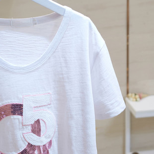 2K024年新款 宽松亮片 韩版 t恤女夏季 极速发货高品质竹节棉白色短袖