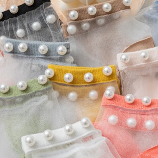 带珍珠边的网红水晶短袜黑色女袜子防臭浅口玻璃丝隐形袜透明棉底