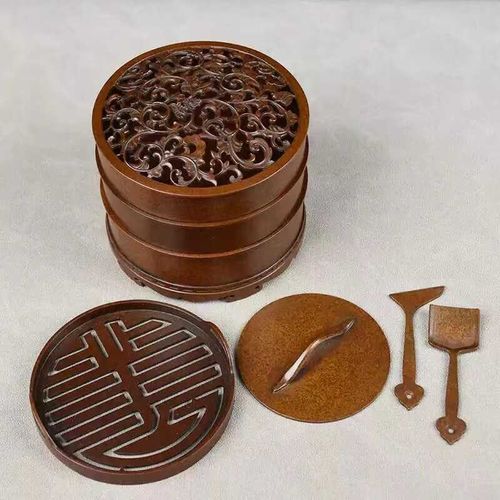 缠枝莲纹小圆炉苏工 三层配工具篆印 紫铜材质 家用打香篆熏香炉
