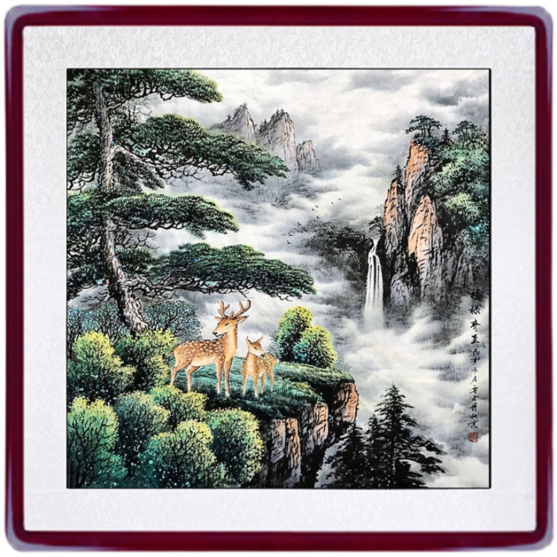 国画手绘斗方山水画水墨办公室客厅入户玄关挂画沙发正方形装饰画
