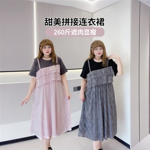 女装 胖仙女莹莹大码 胖mm夏260斤显瘦甜美荷叶边拼接假两件连衣裙