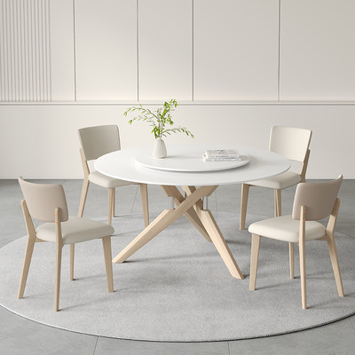 原木奶油风纯白岩板圆形餐桌带转盘哑光面现代简约白蜡实木腿圆桌
