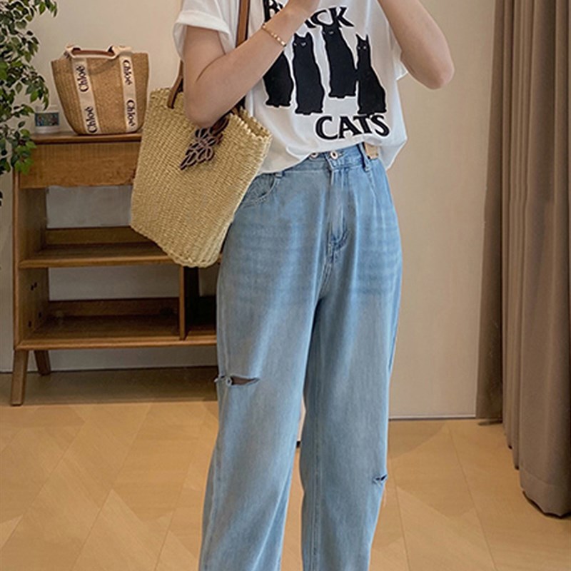 夏季薄款梨型身材l高腰破洞牛仔裤女大码胖妹妹宽松直筒显瘦九分