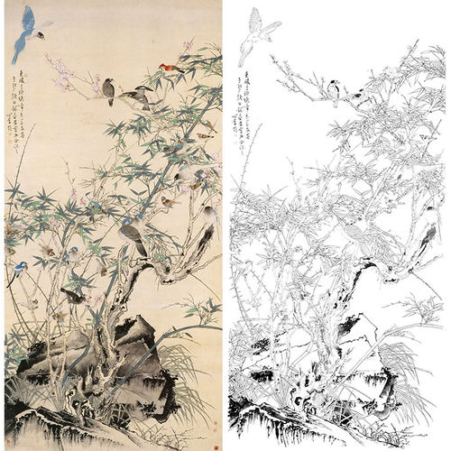 工笔画白描底稿花鸟竹石于非闇勾线实物打印稿尺寸可选YF73