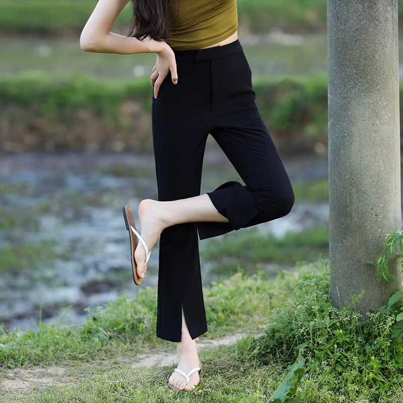 黑色开叉喇叭裤女2023新款夏季小个子休闲九分裤直筒宽松西装裤女