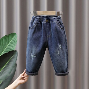 男童加绒牛仔裤23新款小童秋冬装一体绒裤子儿童S宝加厚保暖休闲