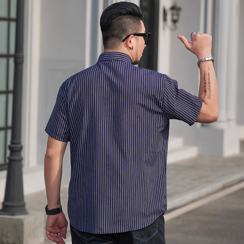 夏季宽松肥佬短袖衬衫男牛津纺加肥加大码条纹胖人显瘦衬衣棉长袖