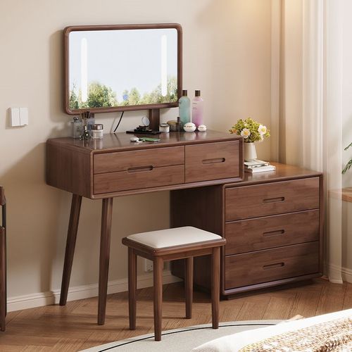 实木梳妆台斗柜一体卧室多功能伸缩转角收纳柜书桌现代简约化妆桌