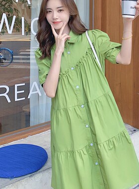 孕妇夏装套装网红时尚衬衫裙子外出孕妇装新款绿色上衣夏季连衣裙