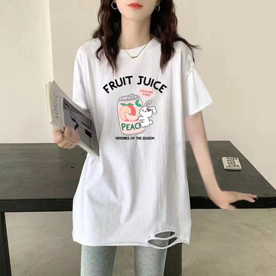 孕妇t恤女夏季韩版纯棉白色中长款遮屁股破洞短袖U大码上衣女宽松