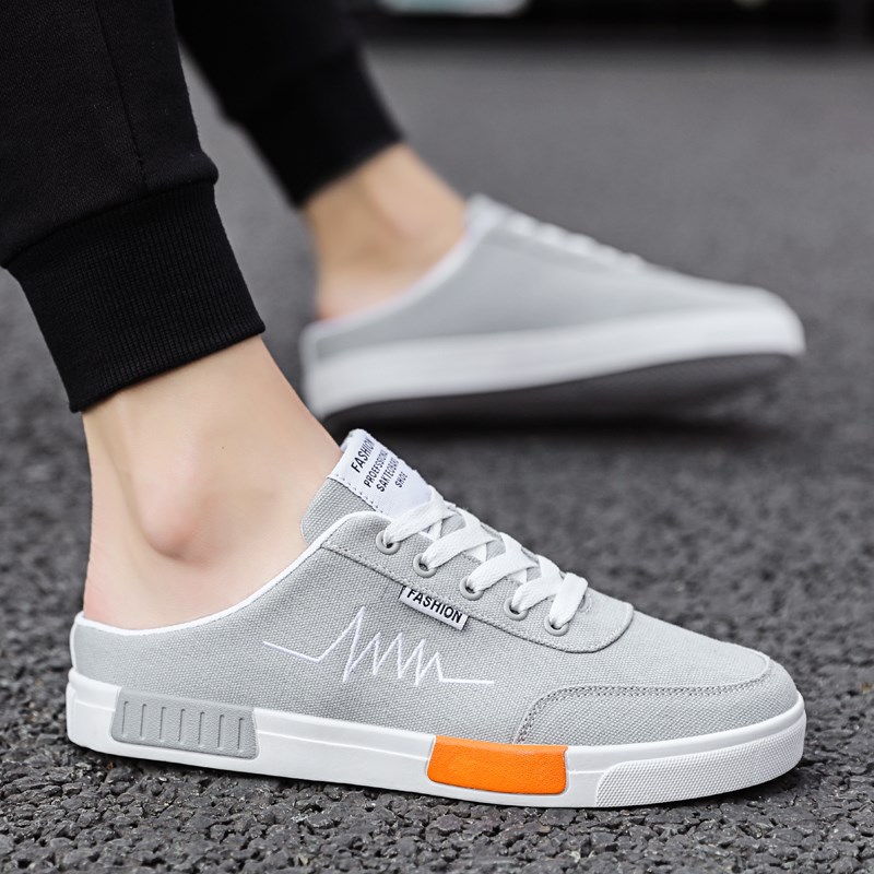 夏天穿的踩脚鞋平板拖鞋式系带帆布鞋平底男款没有无后跟半托板鞋