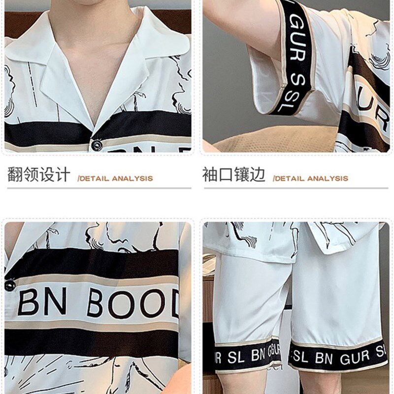 真丝男士睡衣夏天薄款丝绸短袖短裤夏季桑蚕丝宽松大码.家居服套