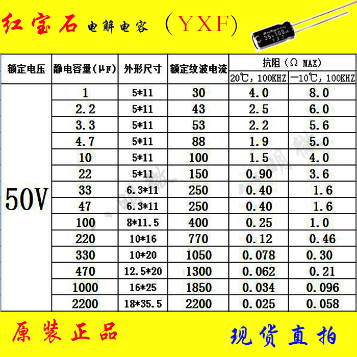 电解电容 直插 红宝石 50V 1UF 2.2 3.3 47 220U 330UF 470UF YXF 电子元器件市场 电容器 原图主图