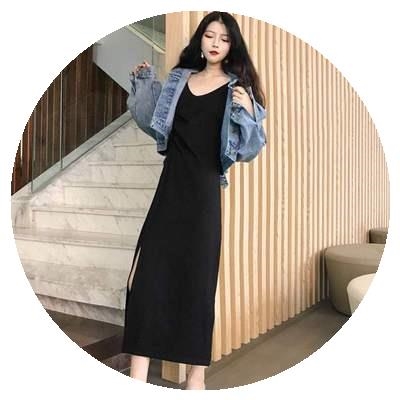 裙連衣裙女潮服定 黑色長(zhǎng)裙裙子內(nèi)搭西裝 吊帶背心開叉春h裝 裙修身