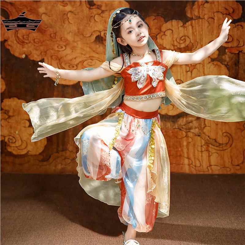 敦煌飞天汉服新款西域公主女童异域乐鼓儿童古典印度舞蹈服演出服