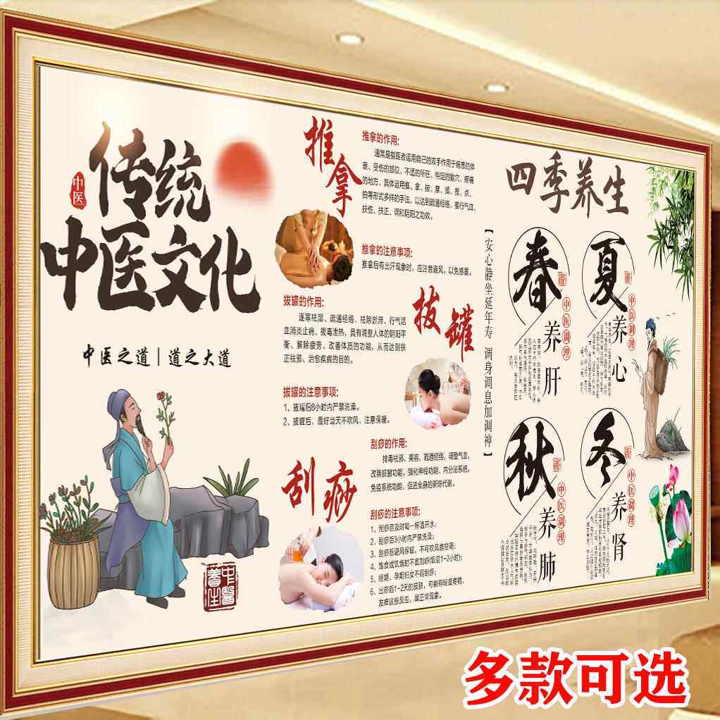 拔罐刮痧推拿店挂图装饰画中医养生馆理疗馆四季养生贴纸自粘海报