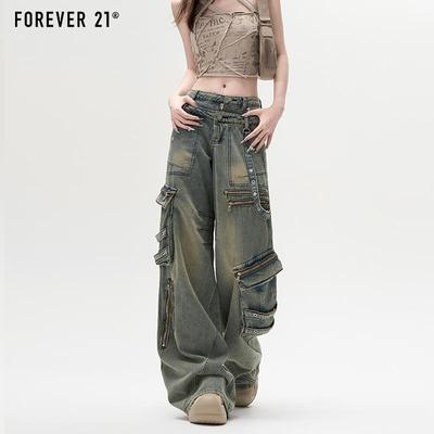 Forever21设计感工装牛仔裤女宽松显瘦铆钉高腰辣妹直筒阔腿裤