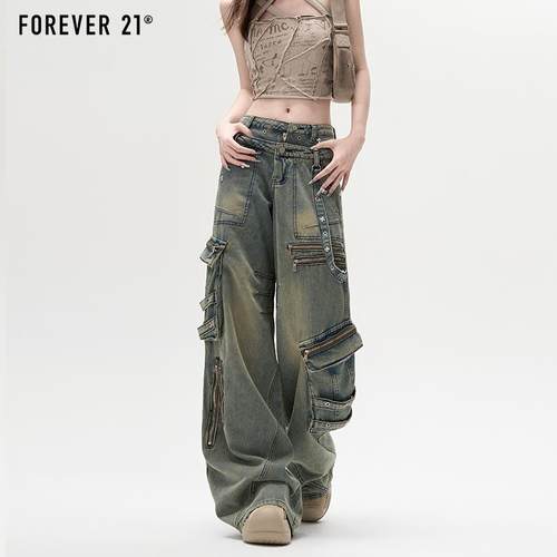 Forever21设计感工装牛仔裤女宽松显瘦铆钉高腰辣妹直筒阔腿裤