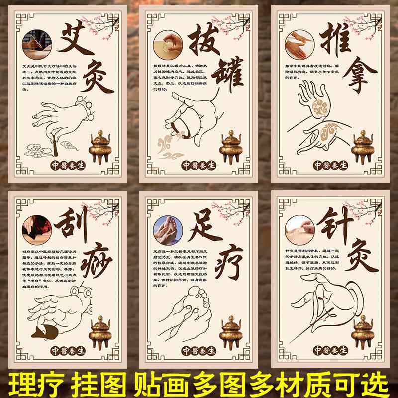 中医养生艾灸海报拔罐墙贴针灸宣传画推拿理疗刮痧广告足疗挂图w