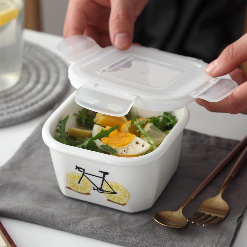 单格陶瓷饭盒水果盒带盖保鲜盒微波炉加热长方形密封碗上班