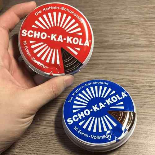 现货SCHO-KA-KOLA巧克力口粮思嘉乐提神能量棒咖啡因巧克力铁盒装