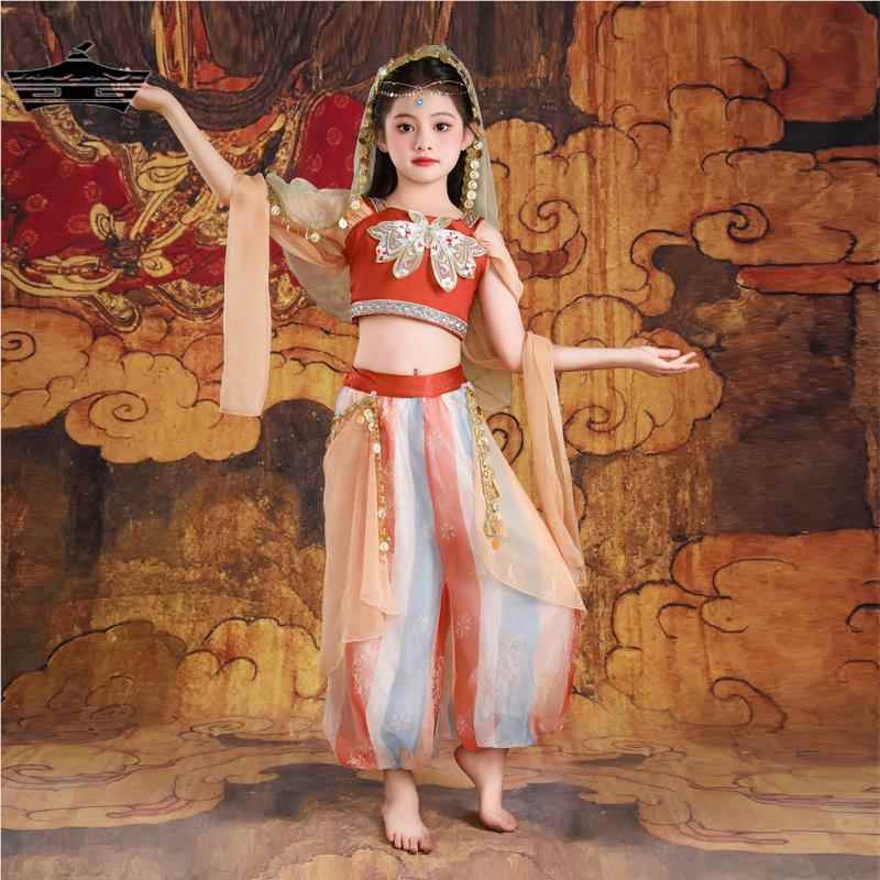 敦煌飞天汉服新款西域公主女童异域乐鼓儿童古典印度舞蹈服演出服