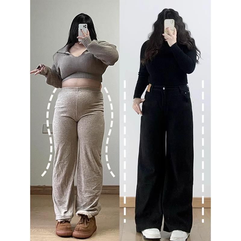 梨形身材美式直筒牛仔裤女秋季大码胖mm高腰遮胯宽松显瘦阔腿长裤