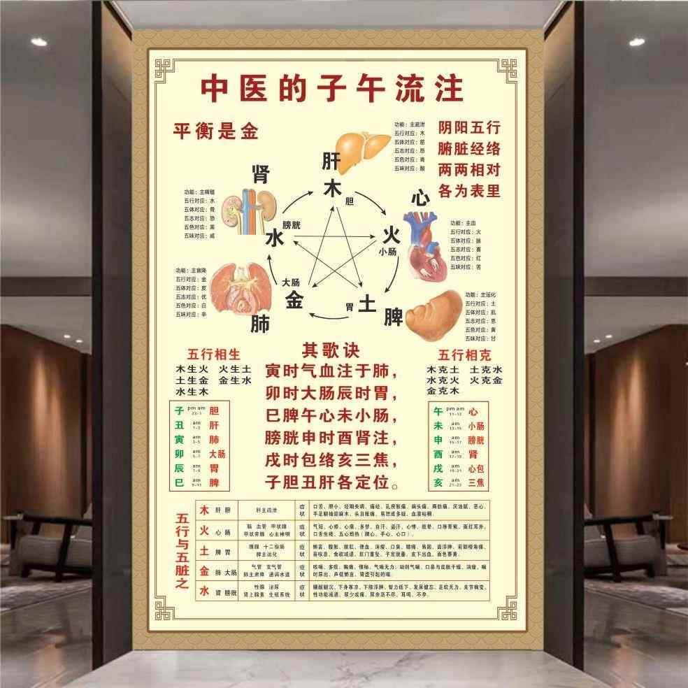 中医的子午流注海报阴阳五行图土五行与五脏经络广告宣传挂图定制