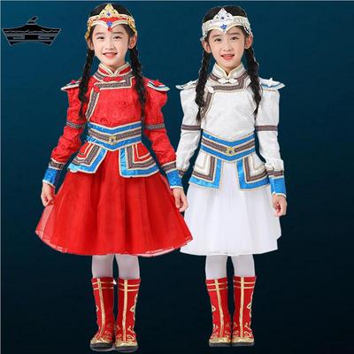儿童蒙古族服装演出服女童少数民族赫哲族舞蹈服连衣裙新款表演服