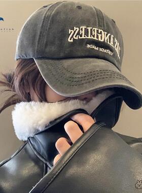 水洗牛仔棒球帽女2024新款美式大头围鸭舌帽宽帽檐显脸小灰色帽子