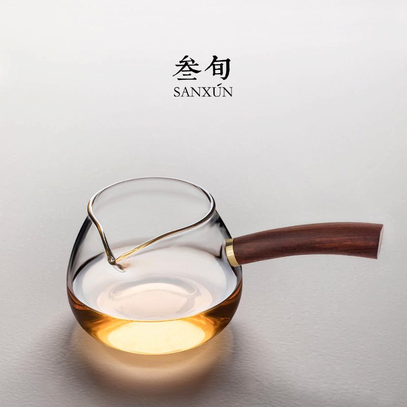 叁旬清沐玻璃公道杯手工耐热玻璃公杯匀杯分茶器侧把实木功夫茶具