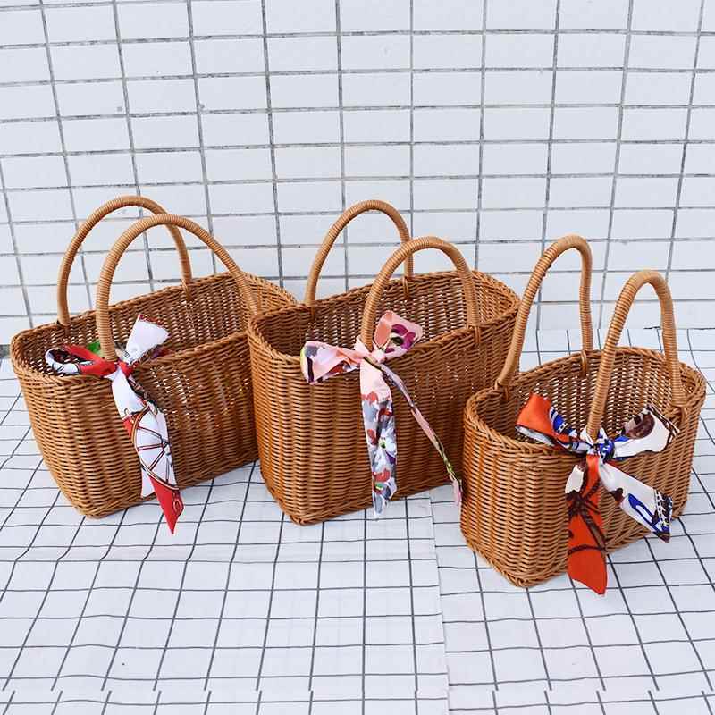 7K1仿藤塑料编织提手方形野餐篮PP仿藤篮购物篮菜篮采摘果篮子果