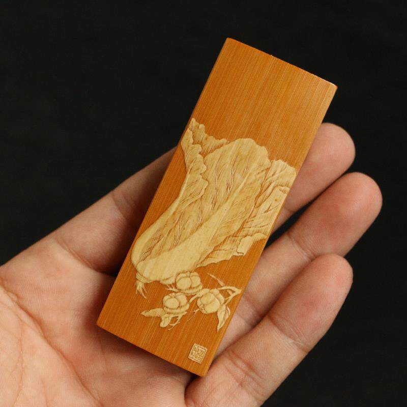 老玉竹东阳名家戚挺飞本工留青雕刻一体推盖牙签盒把件把玩竹雕