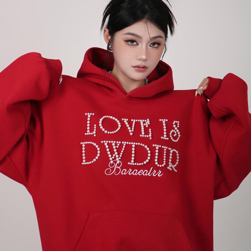 INGA美式复古小众设计感立体珍珠字母卫衣女高级感独特超好看外套