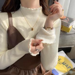 女2024秋冬新款 毛衣內搭高級感木耳邊上衣 白色加絨打底衫 蘇三三