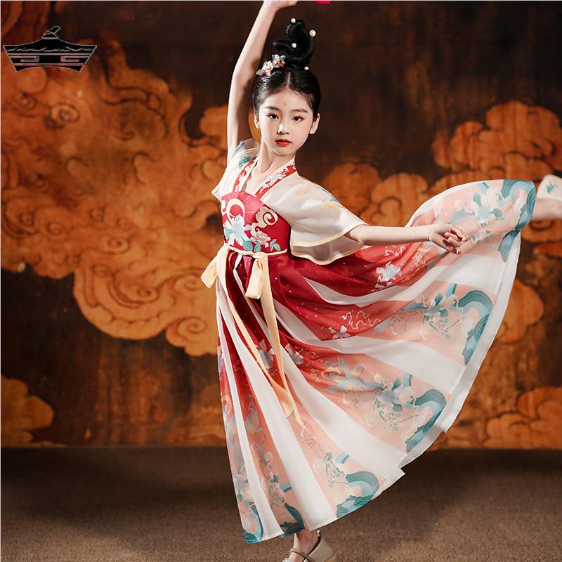 汉服女童2025新款夏敦煌飞天古风国风古典红色古装短袖儿童舞蹈服
