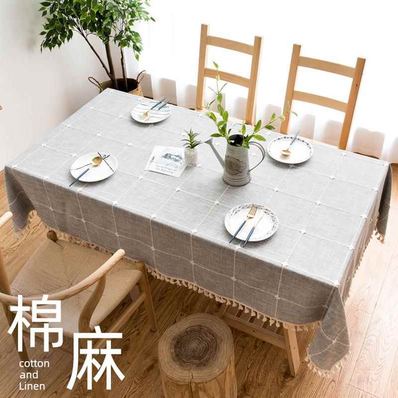 现代简约棉麻纯色方格子防尘桌布长方形流苏茶几餐桌酒店台布桌垫