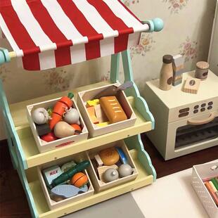 儿童木制玩具车过家家超市小推车玩具宝宝商店货架售货摊真购物木